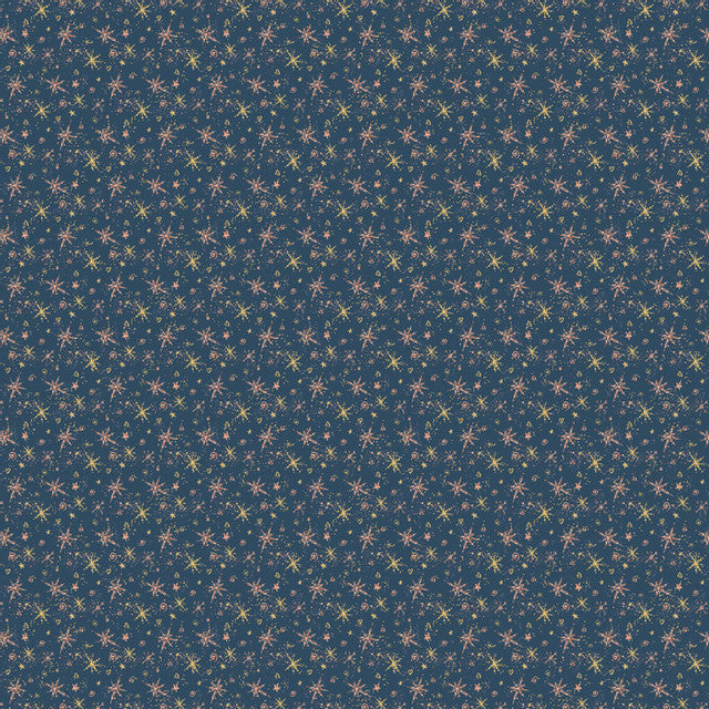 Dark blue fabric with a repeated pattern of small, multicolored star-like figures
