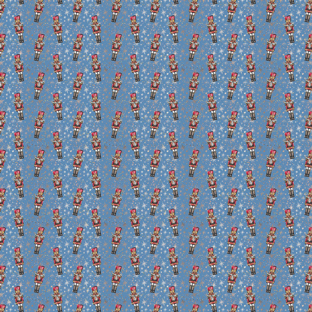 Repeated pattern of vintage-style toy soldiers against a blue background with star details