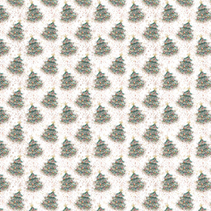 A seamless pattern of decorated Christmas trees on a speckled background