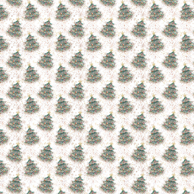 A seamless pattern of decorated Christmas trees on a speckled background
