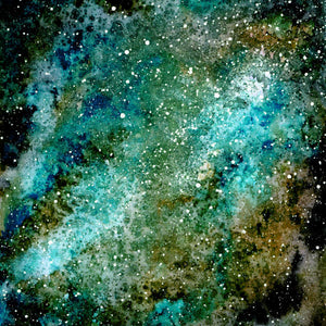 Abstract cosmic pattern with aqua tones and white speckles resembling stars