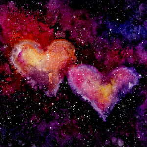 Two watercolor hearts in a cosmic galaxy pattern