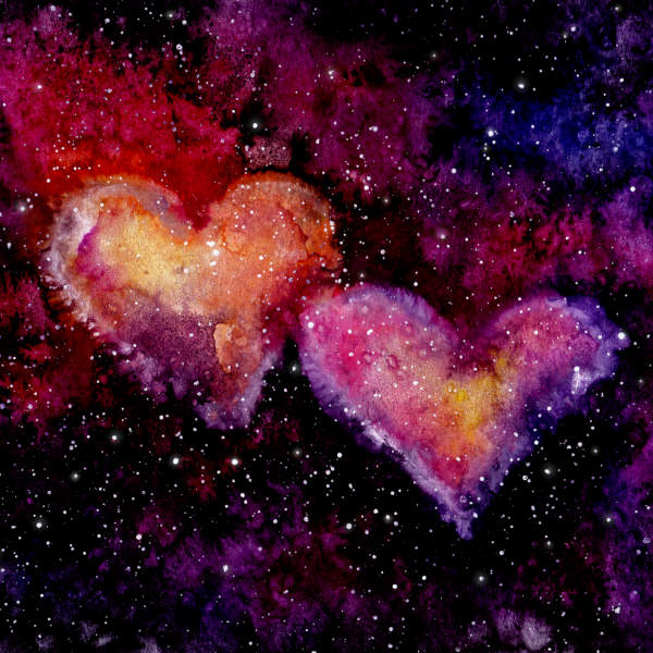 Two watercolor hearts in a cosmic galaxy pattern