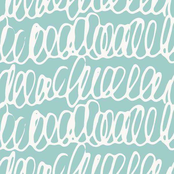 Abstract swirls pattern resembling white calligraphy on a teal background