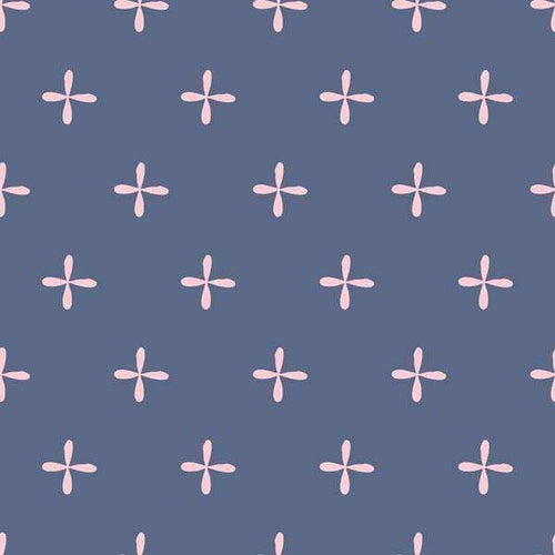 Repeated blush crosshatch pattern on a dusty blue background