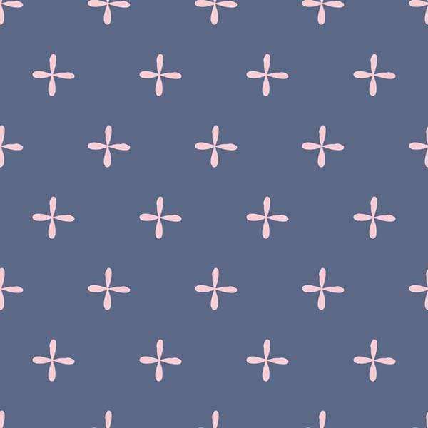 Repeated blush crosshatch pattern on a dusty blue background