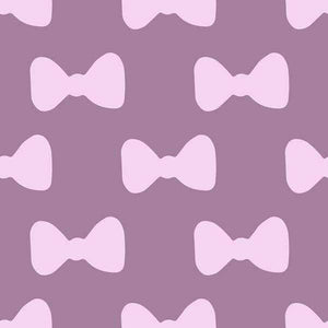 Repeated pink bow patterns on a lavender background