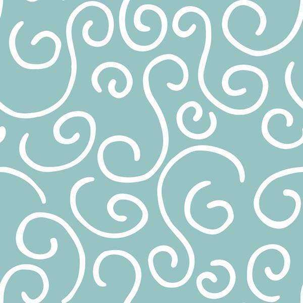 Swirling white patterns on a soft blue background
