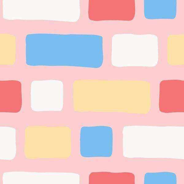 Geometric pattern with pastel colored blocks on a pink background