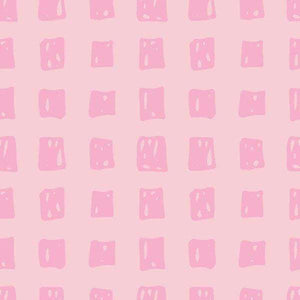 Hand-drawn style pink square doodles on a pastel pink background