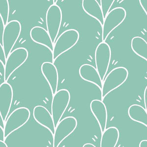 Simplified botanical pattern with white sprig motifs on a mint background