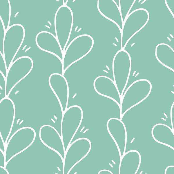 Simplified botanical pattern with white sprig motifs on a mint background