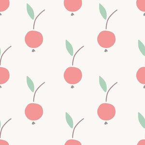 Stylized pink cherries and green leaves on a light background