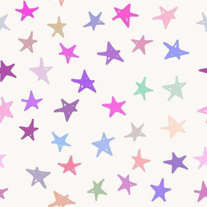 Seamless pattern of pastel-colored stars on a pale background