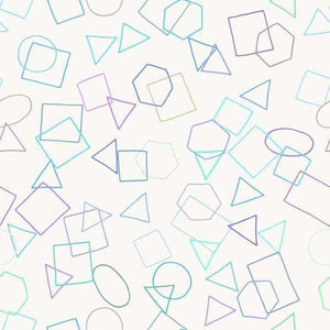 Assorted geometric shapes in soft pastel colors on a white background