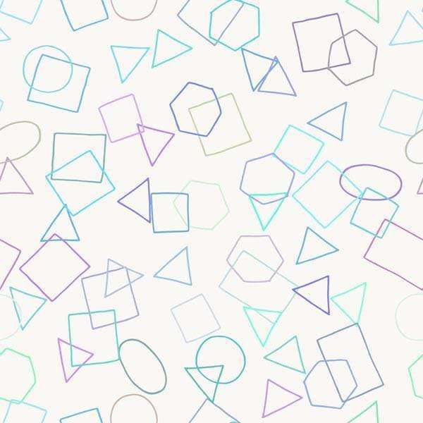 Assorted geometric shapes in soft pastel colors on a white background