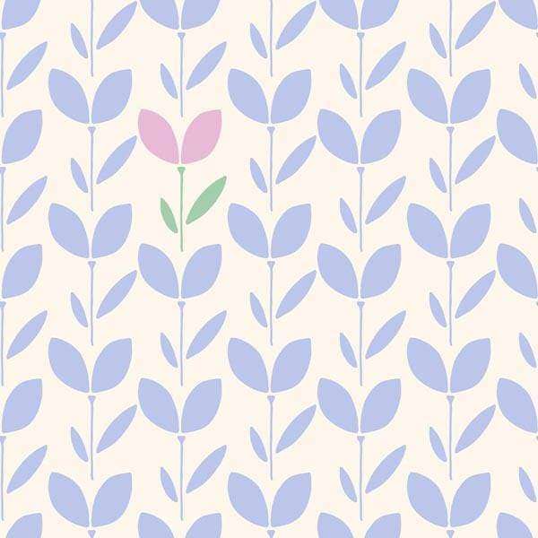 Simplistic floral pattern with a singular pink blossom amid blue leaves