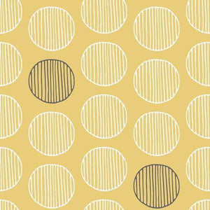A repetitive pattern of ivory ovals with vertical stripes on a golden yellow background, with occasional ovals filled in solid dark olive.