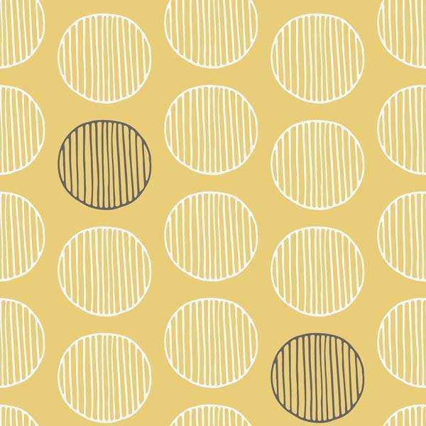 A repetitive pattern of ivory ovals with vertical stripes on a golden yellow background, with occasional ovals filled in solid dark olive.
