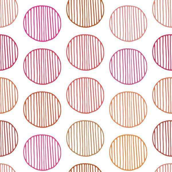 Repeated pattern of colorful striped circles on white background