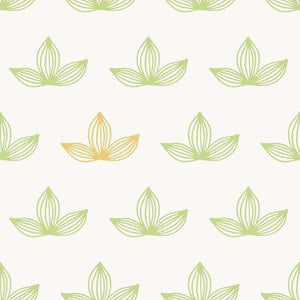 Repeating pattern of stylized green and yellow lotus flowers on a neutral background