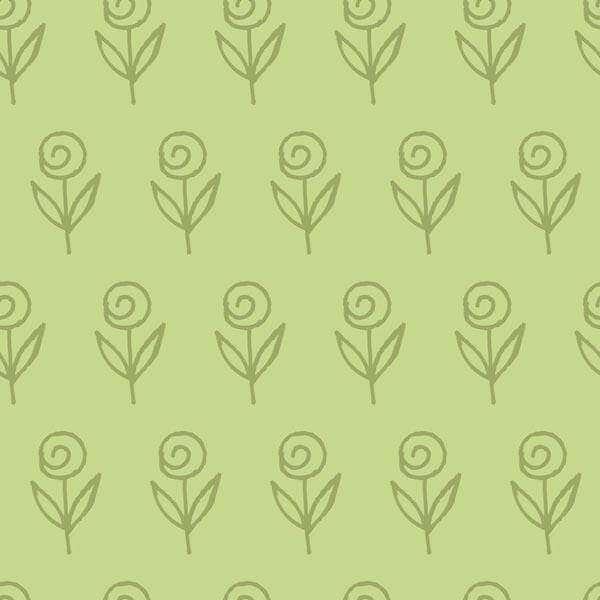 Repeated stylized spiral rose pattern on a soft green background