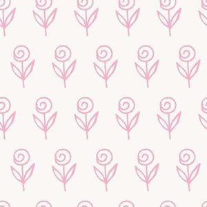 A delicate pattern of stylized rosebuds in pink on a soft white background