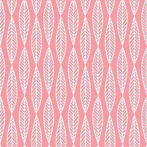 Symmetrical pattern of white feather shapes on a pink background