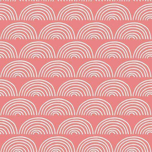 Stylized scallop shell pattern in white on a coral background