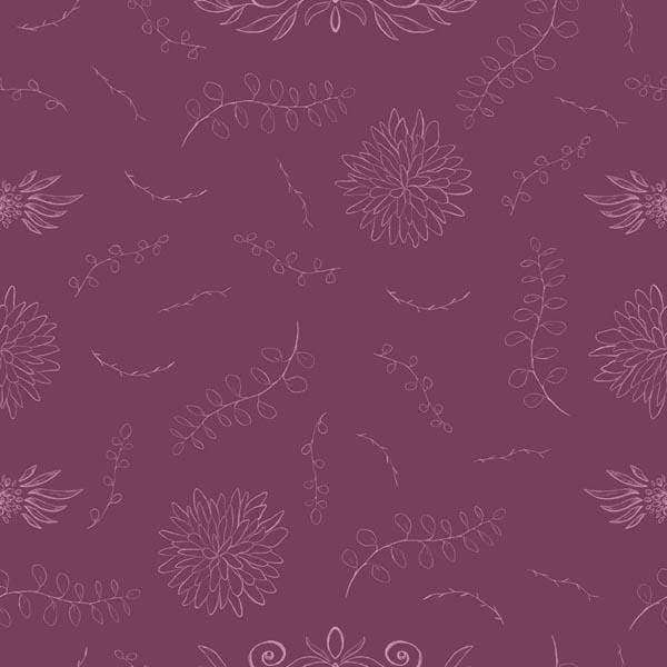 Floral pattern with line art on a plum background