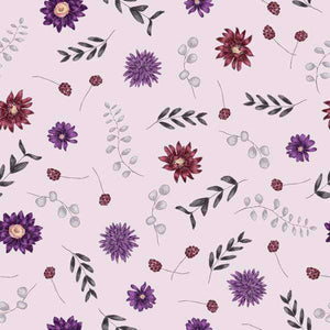 Floral pattern with purple flowers and berries on a pastel background