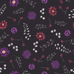 Floral pattern with purple and red flowers on a dark background