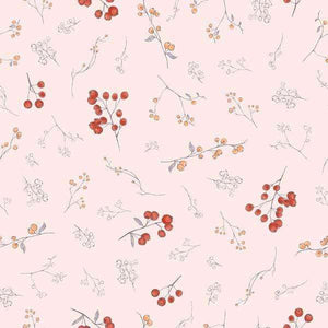 Hand-drawn style pattern of autumn berries on a pastel pink background
