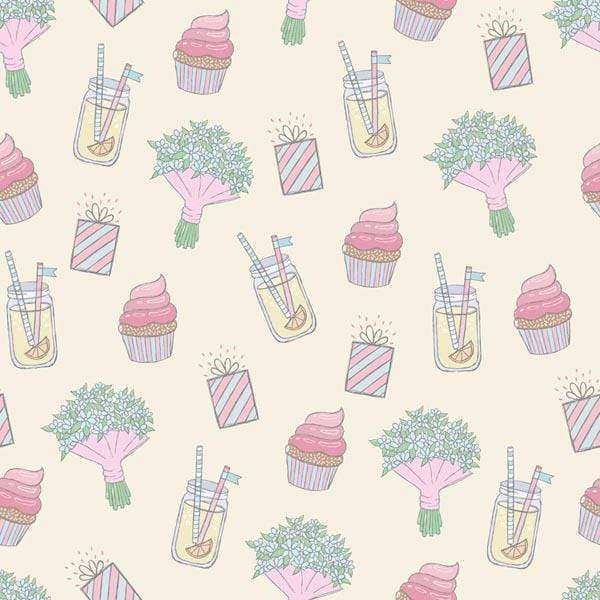 Repeated pattern of cupcakes, beverages, bouquet, and gift boxes on a light background
