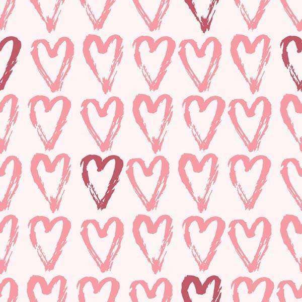 Assorted hand-drawn hearts in shades of pink and red on a pastel background