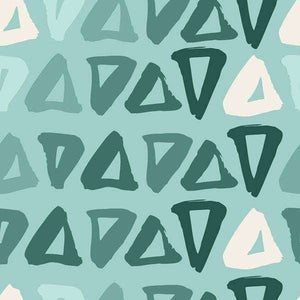 Abstract geometric pattern of overlapping triangles in shades of teal and beige
