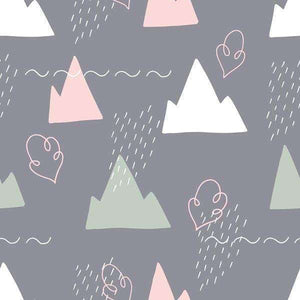 Abstract pattern with mountains, hearts, and rain on a gray background