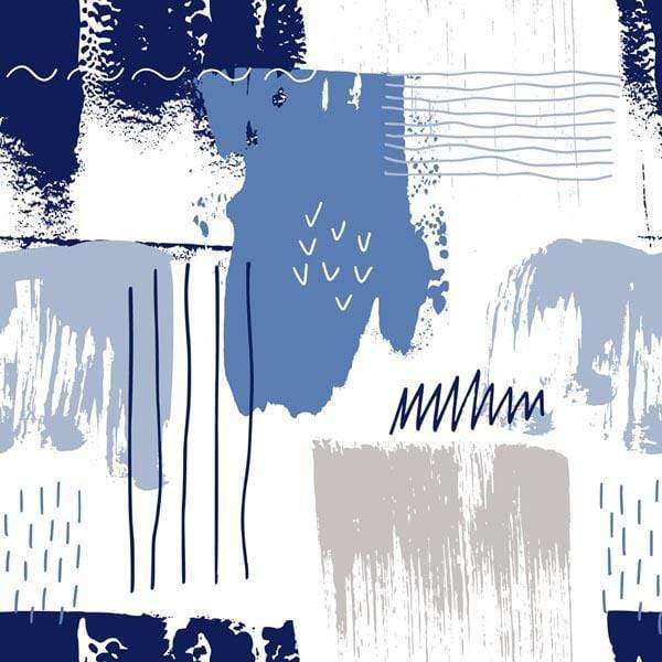 Abstract pattern with blue and neutral brushstrokes and geometric shapes