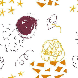 Assortment of abstract doodles in purple, yellow, and gold on white background
