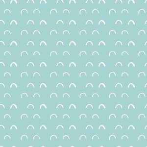 Repeated white rainbow patterns on a teal background