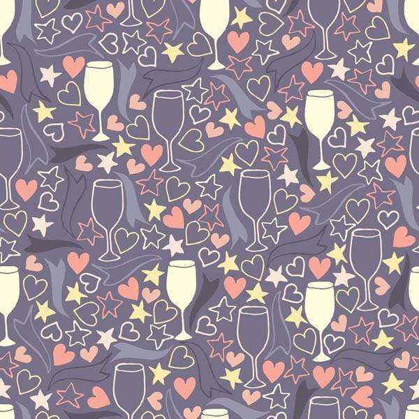 Whimsical pattern with wine glasses, stars, and hearts on purple background