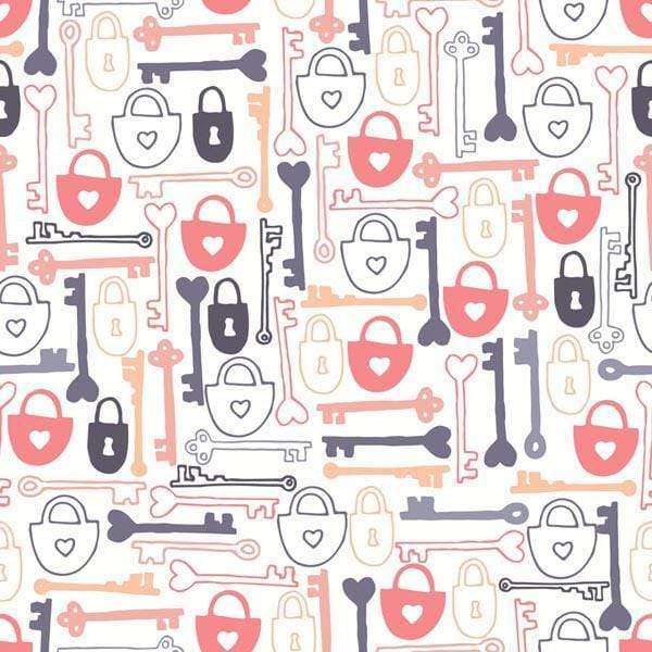Assorted vintage lock and key pattern on a square background