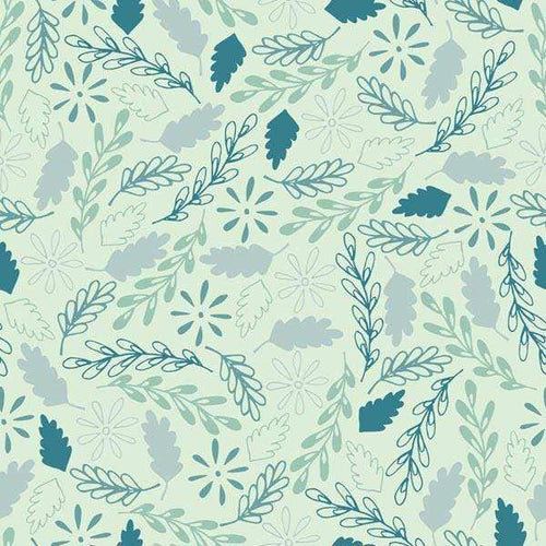 Seamless foliage pattern with blue and green leaves on a pale background