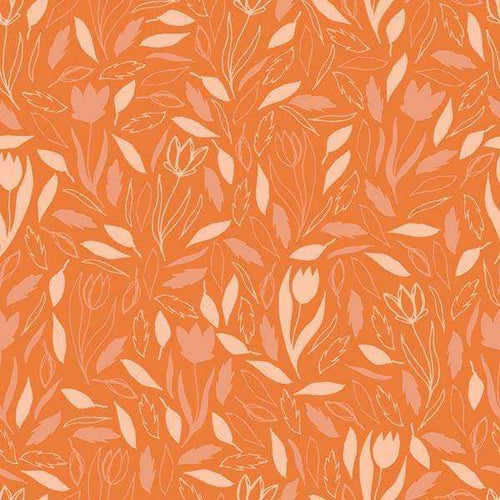 Seamless floral pattern with tulips and leaves in shades of coral