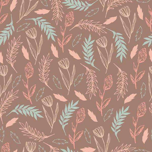 Botanical pattern with flowers and leaves on a taupe background