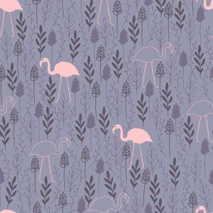Floral and flamingo pattern on a lavender background