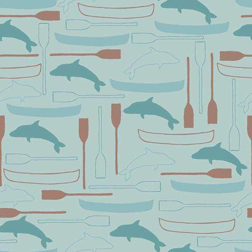 Abstract maritime pattern with dolphins and boats