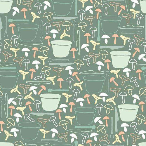 Illustrated mushroom and plant pot pattern on a muted green background