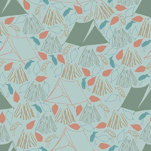 Stylized botanical and geometric pattern in pastel tones