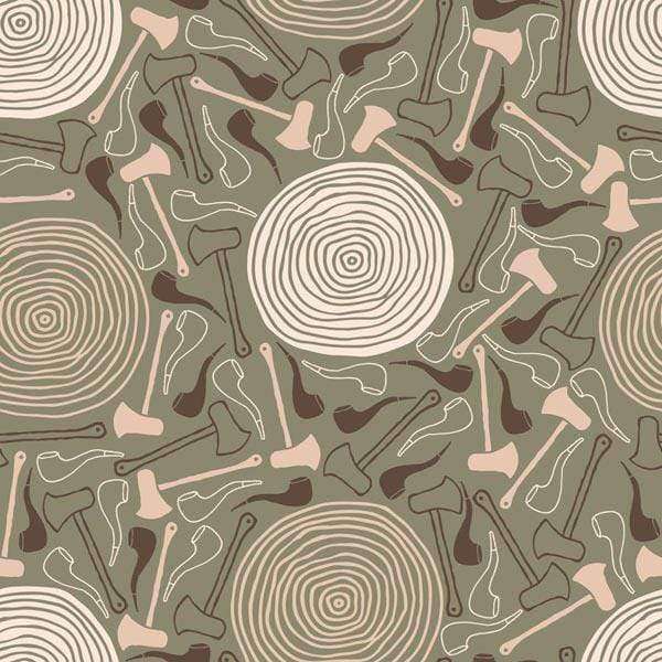 Abstract pattern with circular tree rings and scattered tool shapes in earth tones